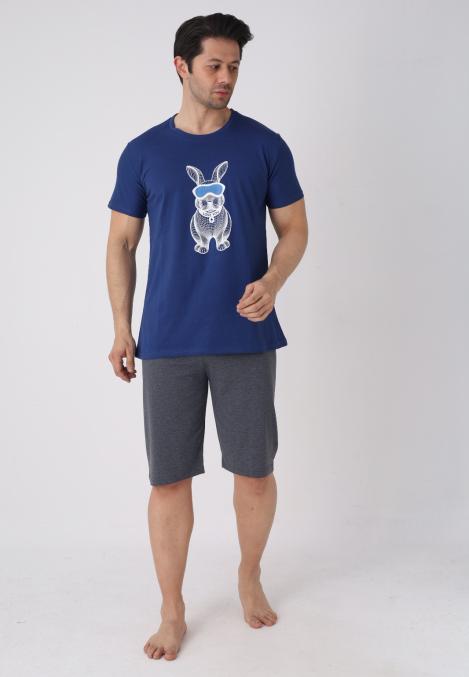 Pijama barbat cu maneca scurta si pantaloni 3/4, culoare bleumarin, Engros